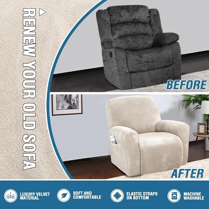 H.VERSAILTEX Velvet Stretch Recliner Couch Covers 4-Pieces Style Recliner Chair - Image 5