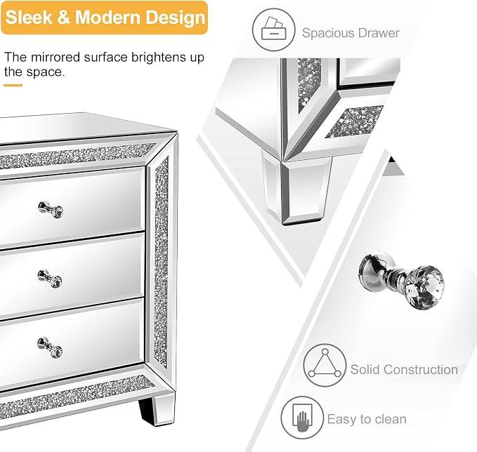 VINGLI Mirrored Nightstand Glass End Table, Mirrored Bedside Table - Image 4