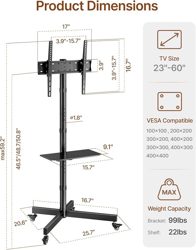 Heavy-Duty Rolling TV Stand for 23”-60” Screens—Supports 121 lbs, Stable Mobile - Image 9
