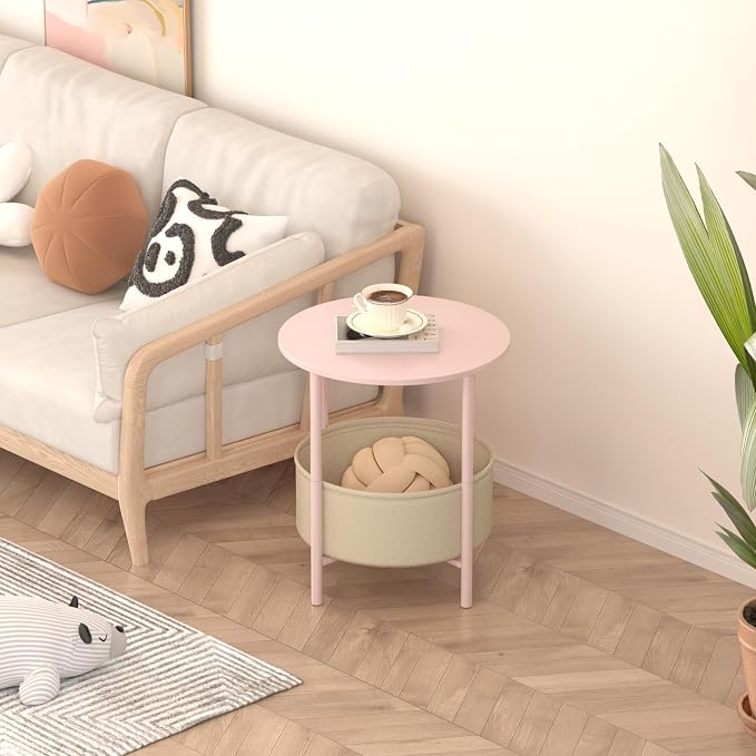 DGSANDGO Round End Table with Fabric Basket, Bedside Table with Storage - Image 2
