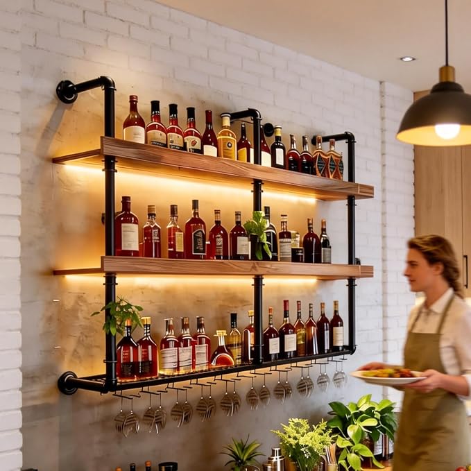 Wall Mounted Wine Rack with LED Lights, 3-Tier Industrial Wood Floating Shelves - Image 6