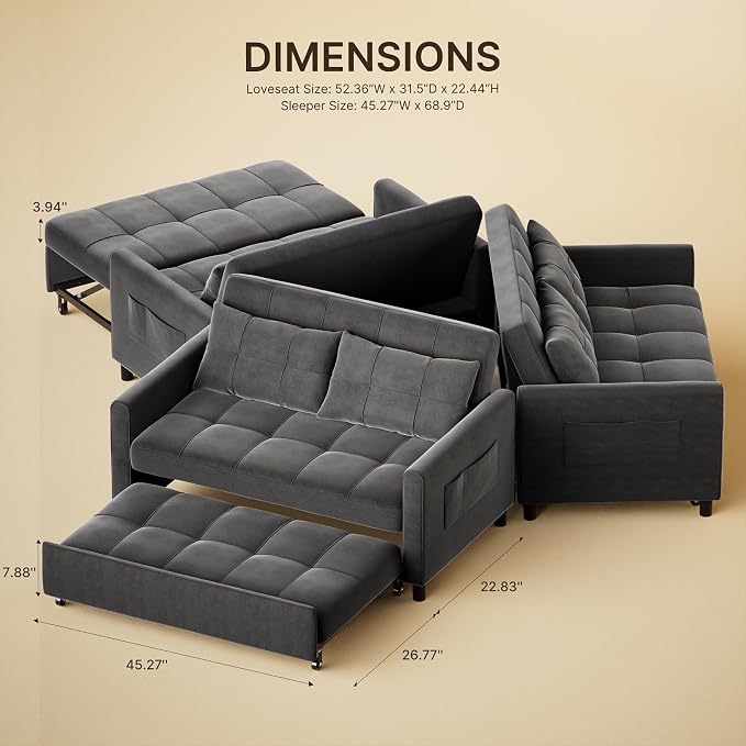 Gizoon 3 in 1 Velvet Sleeper Sofa Bed, 52 Inch 2-Seat Pull Out Couch - Image 3