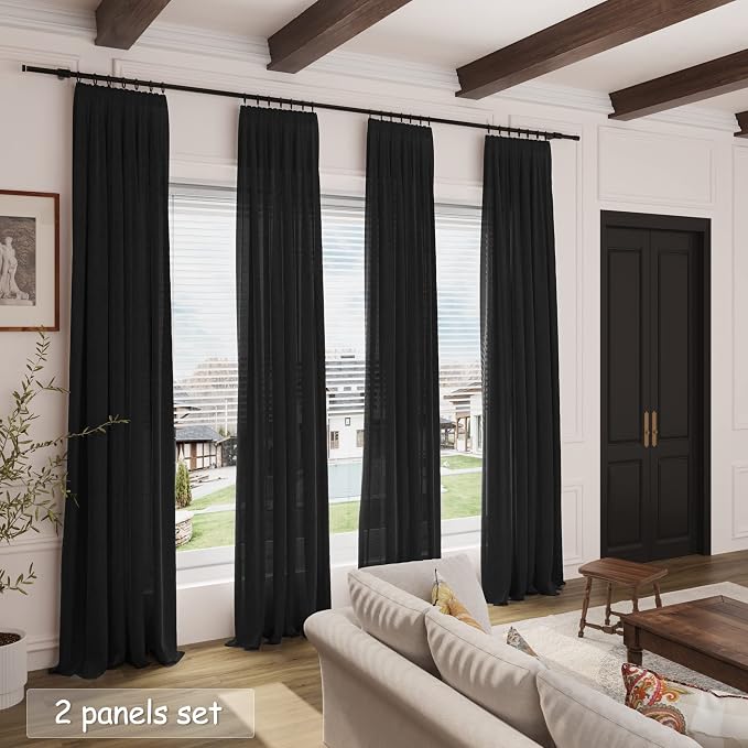Black Linen Textured 96 Inch Curtains 2 Panel Set Back Tab Rod Pocket Sheer - Image 7