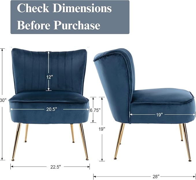 Velvet Accent Chair Set of 2 Comfy Living Room Chair Armless Slipper Chair Mid - Image 2