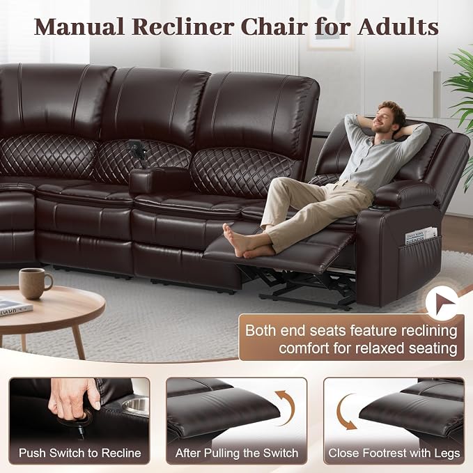 Yolsali Manual Reclining Sectional Sofa Set, 6 Seats Soft Leather Recliner - Image 5