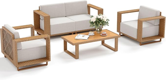 SUNSHINE VALLEY 4 Pieces Patio Furniture Set, Outdoor Rattan Wicker - Image 9
