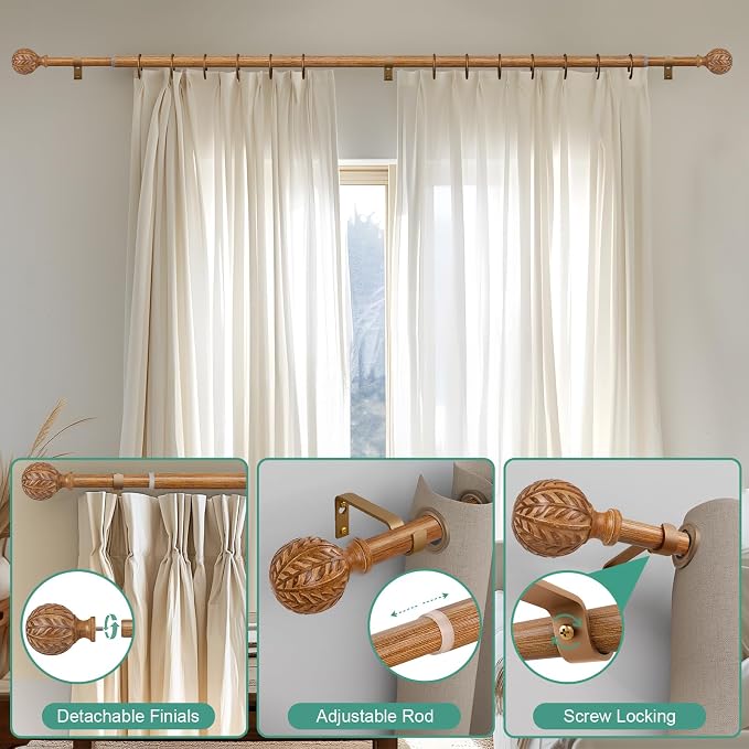 QDWIS Boho Wood Curtain Rods for Windows 28 to 48 inch, Rustic Decorative - Image 9
