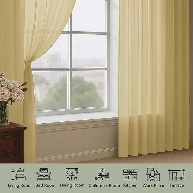 OWENIE Sheer Curtains 84 Inches Long 2 Panels Set, Sheer Gold Curtains - Image 7