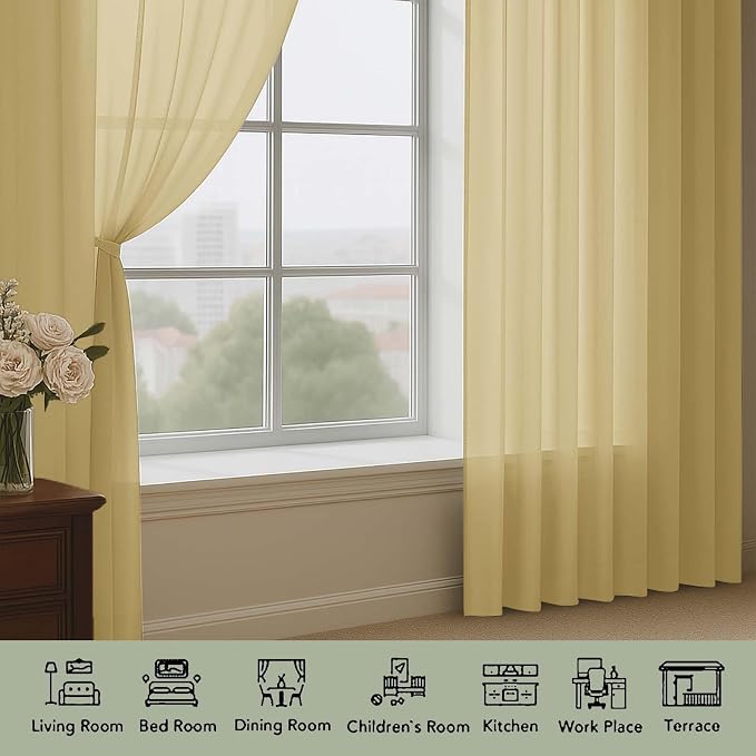 OWENIE Gold Sheer Curtain 90 Inches Long 2 Panels Set, Solid Filmy Drapes - Image 3