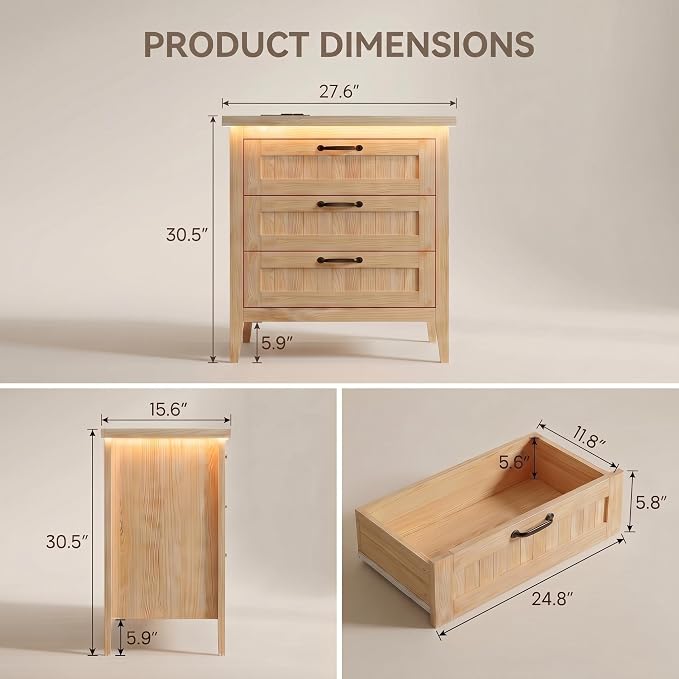 GarveeLife 3 Dresser Drawer for Bedroom, 27.6" Wide Wood Bedside Table for - Image 2
