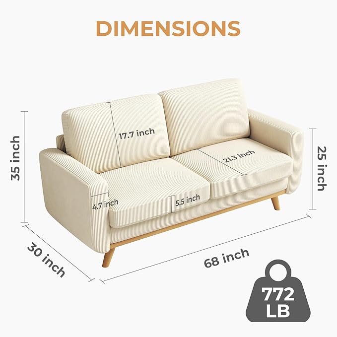 Vesgantti 68" Loveseat Sofa Beige, Comfy Corduroy Couch - Image 2