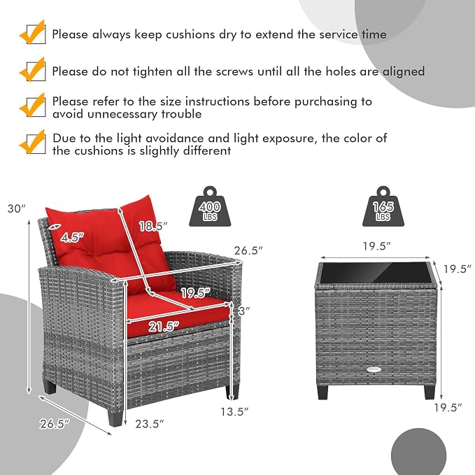 COSTWAY 3PCS Patio Furniture Set, PE Rattan Wicker Sofa w/Washable Cushion and - Image 4
