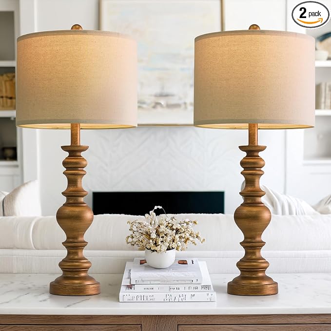BOBOMOMO 27" Antique Gold Table Lamps Set of 2, Elegant Large Resin Lamps by BOBOMOMO
