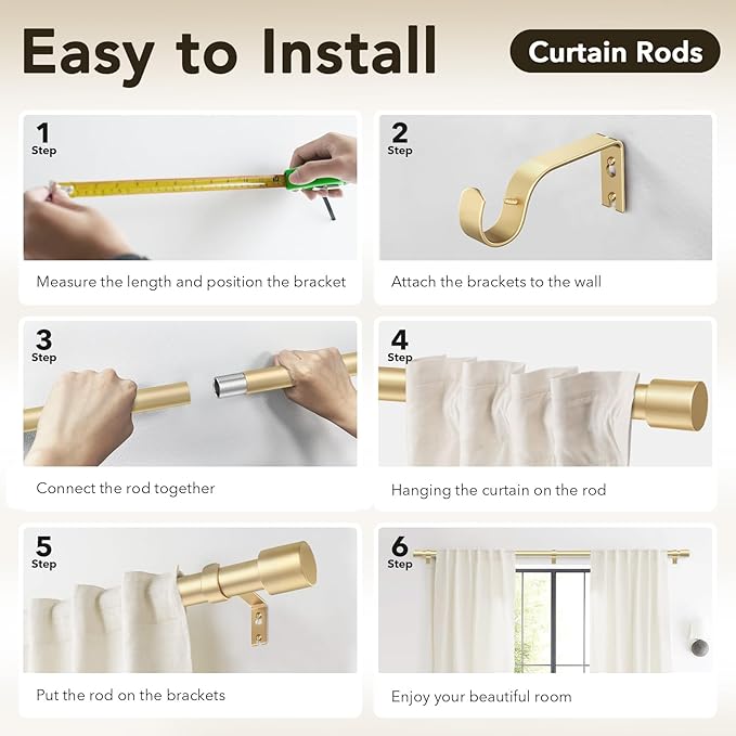 IFELS Heavy Duty Curtain Rods for Windows 66 to 120 Inch, 1 Inch Gold Curtain - Image 7