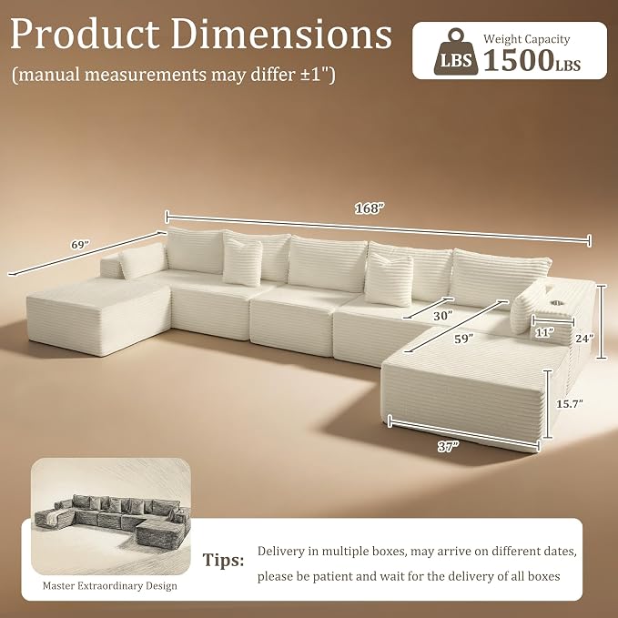 168" Cloud Sectional Couch, Comfort U Shaped Sofa - Image 2