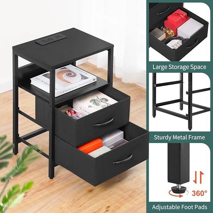 Yoobure Nightstand with Charging Station, LED Night Stand with Fabric Drawers - Image 8