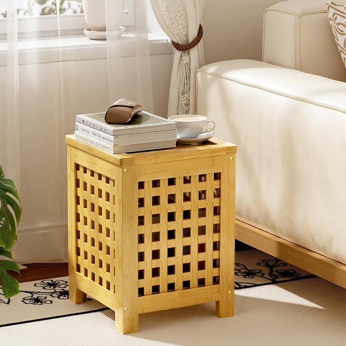 Bamboo End Table with Removable Cushion and Hidden Storage, 2-in-1 Ottoman Side - Image 2