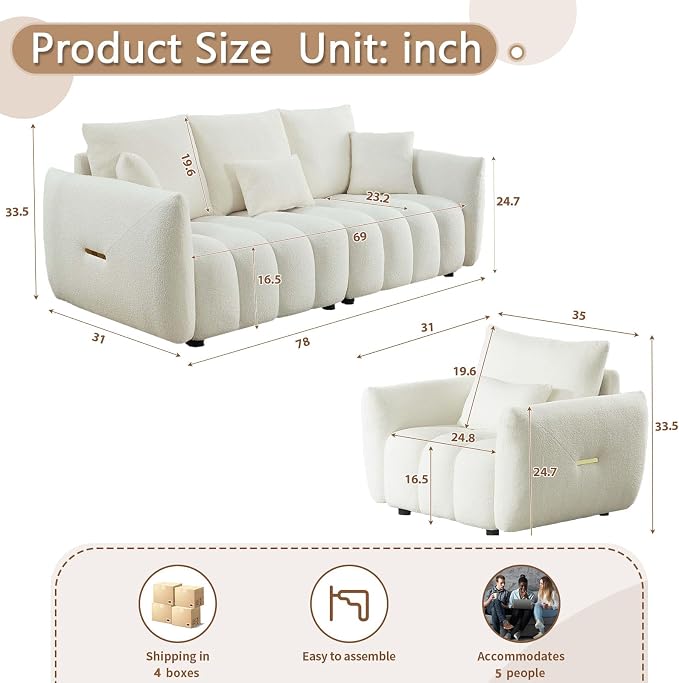 Antetek Set of 3 Teddy Sofa for Living Room, Modern 2 Units Deep Seat Sofa - Image 2