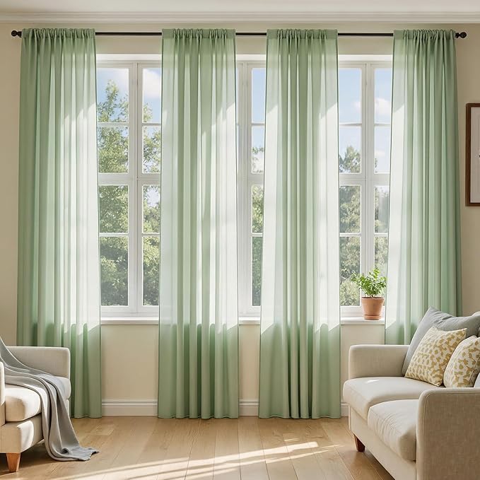 MIULEE Sage Green Sheer Curtains 108 Inches Long, 4 Panels Set, Light Filtering by MIULEE