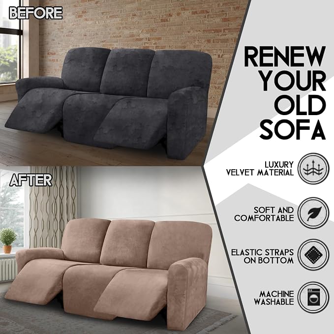 ULTICOR Velvet 8-Pieces Recliner Sofa Covers Stretch Reclining Couch Covers - Image 5