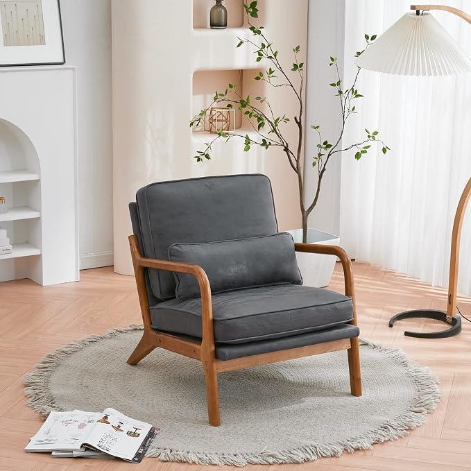 Bonnlo Microfiber Dark Grey Mid Century Modern Accent Chair, Soild Wood Padding by Bonnlo