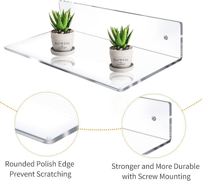 Jansburg 12 Inch L-Shaped Acrylic Floating Shelf Clear Wall Mounted Shelves - Image 5
