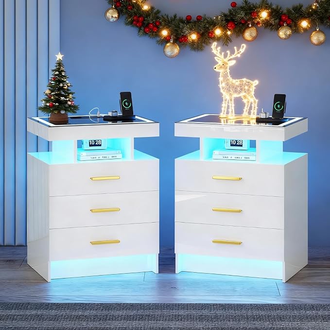 White Night Stand Set 2 with Wireless Charging Station, Smart Bedside Table by MDGC