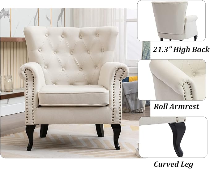Set of 2 Mid-Century Modern Accent Chair, Linen Fabric Armchair w/Tufted - Image 6