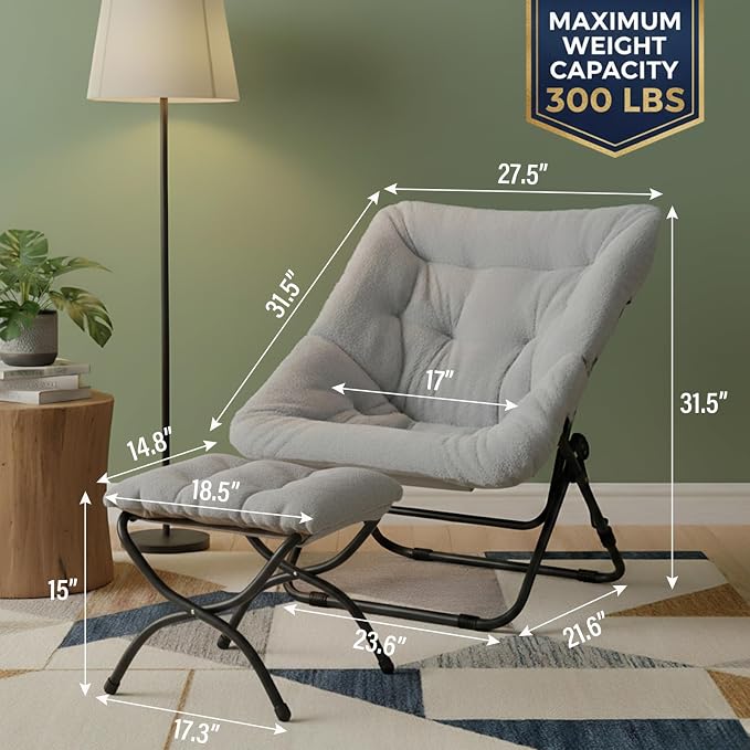 Tiita Folded Chair with Ottoman, Soft Faux Fur Oversized Folding Accent Chair - Image 3