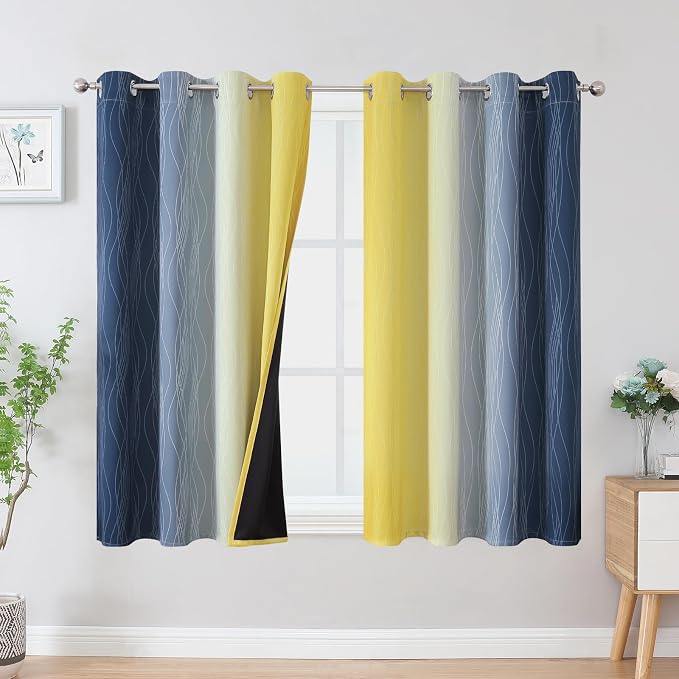 Estelar Textiler Navy Blue and Yellow Blackout Curtains 54 Inch Length by ESTELARTEXTILER