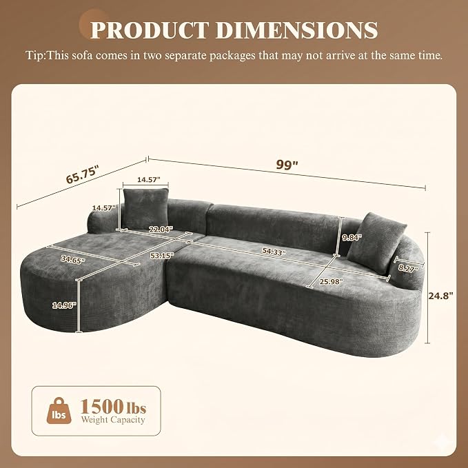 99" Curved Sectional Sofa with Chaise, Modern Boneless Couch with Deep Seat - Image 2