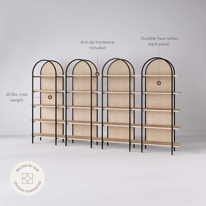 Nathan James Amara Bohemian 5-Shelf Etagere Bookcase, Rattan Open Bookshelf - Image 5