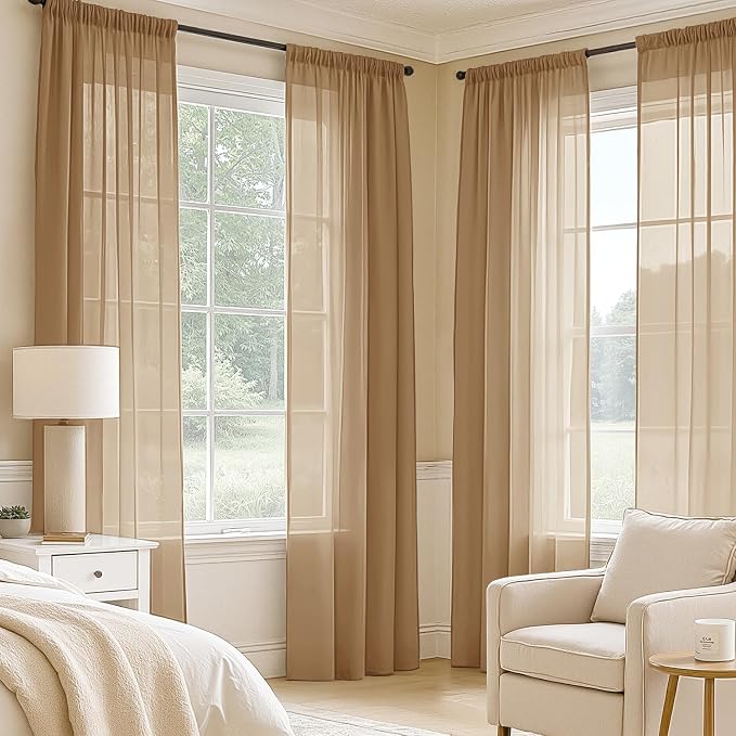 MIULEE Brown Sheer Curtains 96 Inches Long, 4 Panels Set, Rod Pocket Voile - Image 2
