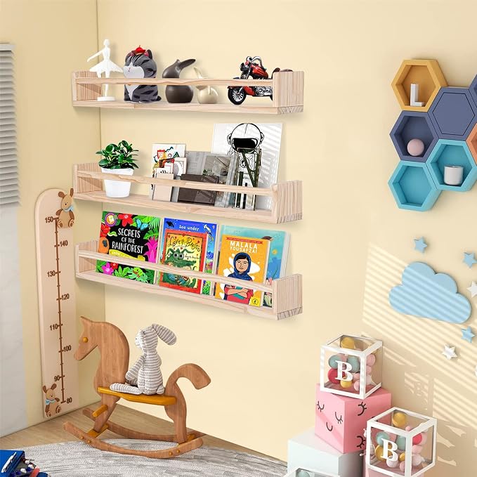 AZSKY Natural Wood Nursery Shelves, Floating Wall Mount Book Shelves Kids Baby - Image 2