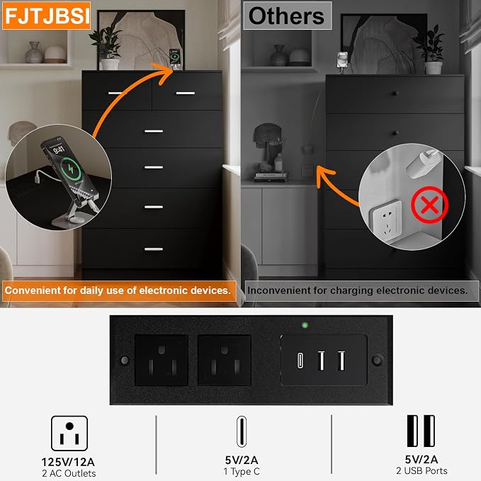 FJTJBSI Dresser with Power Outlets Wooden 6 Drawer Dresser with Large Organizer - Image 5