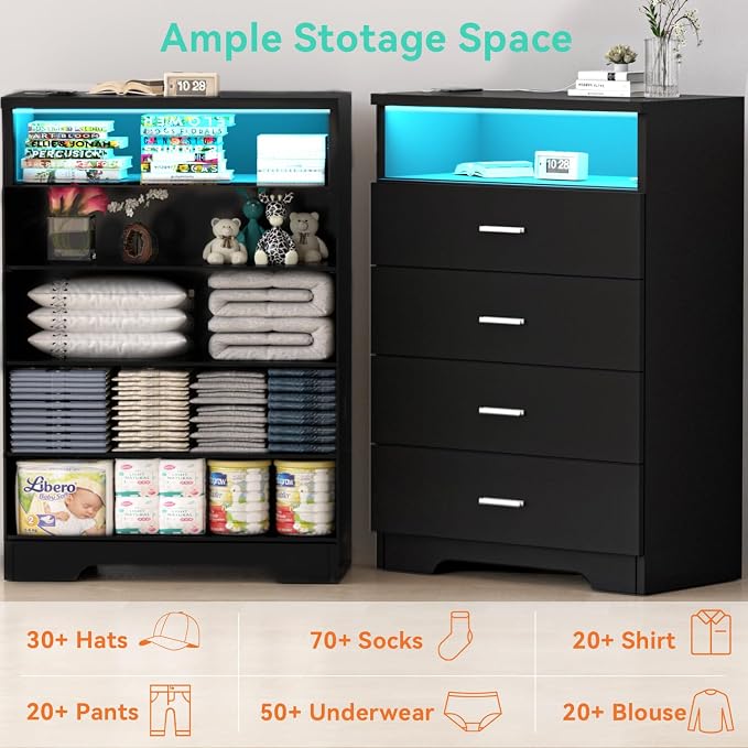 FJTJBSI Dresser with Power Outlets and LED Lights Wooden 4 Drawer Dresser with - Image 6