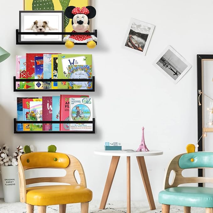AZSKY Classic Nursery Book Shelves Black Wooden Floating Shelves Wall Bookshelf - Image 2