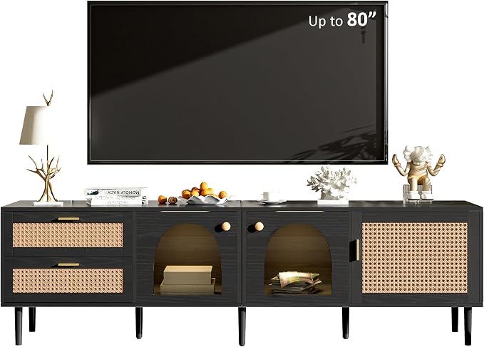 Merax Rattan TV Stand with LED Lights, Solid Wood Feet, Living Room, Bedroom by Merax