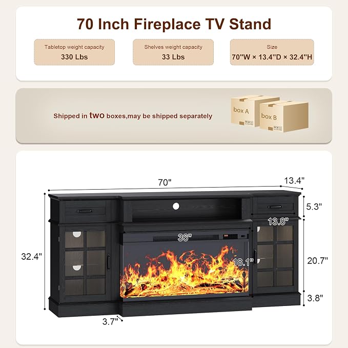 MXV 70" Fireplace TV Stand, 3-Sided Glass Fireplace and Modern Entertainment - Image 2