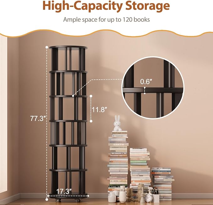 Muwuele Solid Wood Rotating Bookshelf on Wheels, 6 Tier, Round Revolving - Image 2