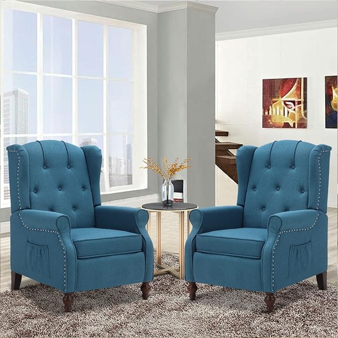 Wingback Recliner Chair with Massage and Heat, Tufted Fabric Push Back Recliner by Consofa