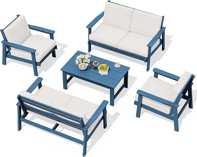 SERWALL HDPE Patio Furniture Set, 5 Piece All Weather Wood-Like Sectional by SERWALL