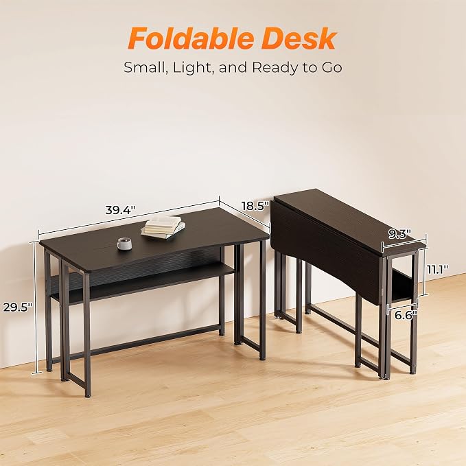 Huuger Folding Desk with Storage Shelf, 39.3 Inch Foldable Computer Table - Image 2