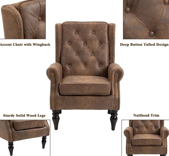 Mid-Century High Wingback Chair Set of 2, Microsuede Accent Chair Armchair - Image 4
