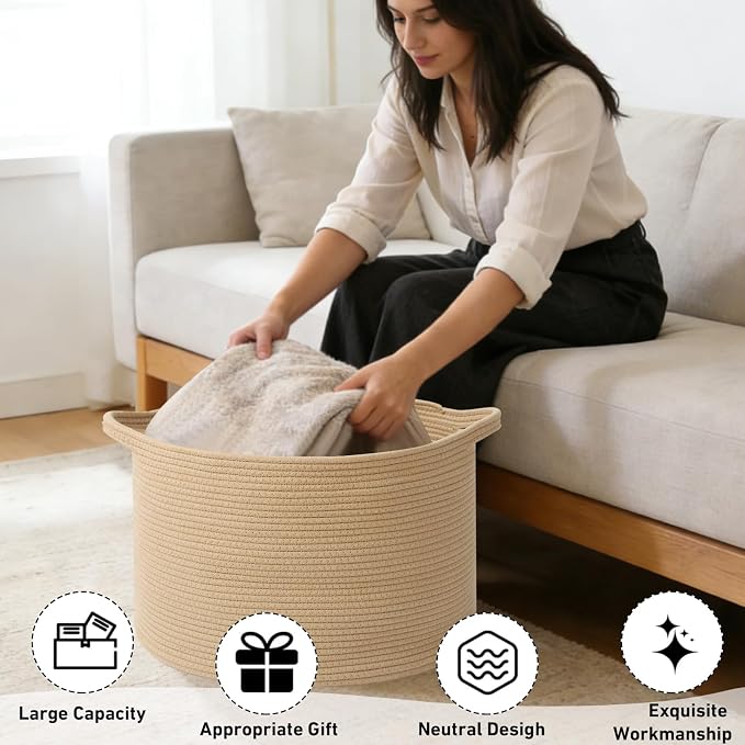 90L Extra Large Blanket Basket, Woven Rope Laundry Basket Hamper - Image 4