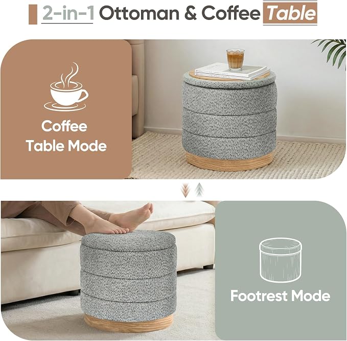 Round Storage Ottoman with Reversible Tray Lid, Folding Chenille Fabric - Image 5