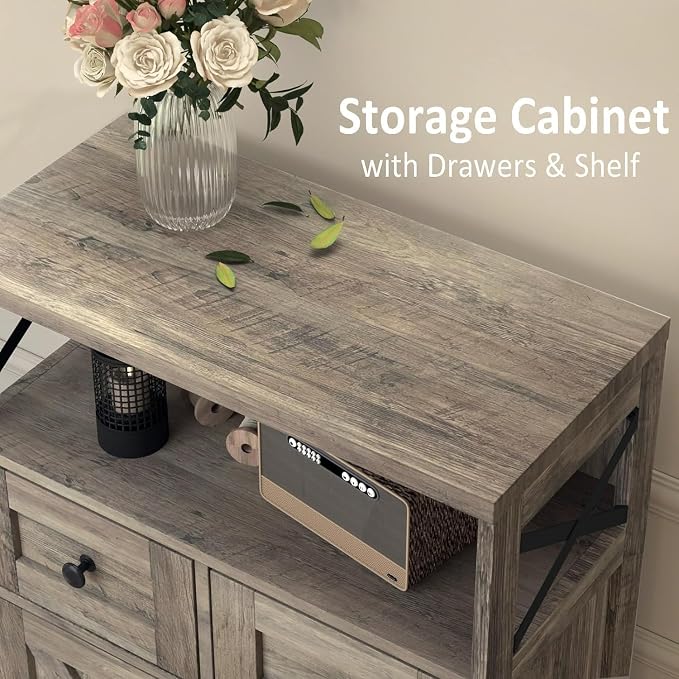 Farmhouse Storage Cabinet with Barn Doors and Open Shelf, Kitchen Pantry with - Image 6
