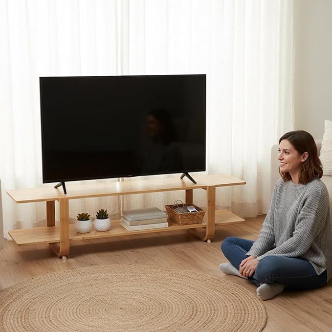 Welnow Low Bamboo TV Stand for Up to 65 Inch, Small Mid Century Modern - Image 6