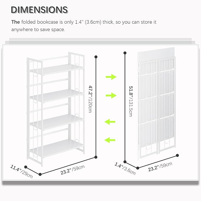 4NM No Assembly 4 Tiers Folding Bookshelf, 47.2" H Foldable Storage Shelves - Image 2