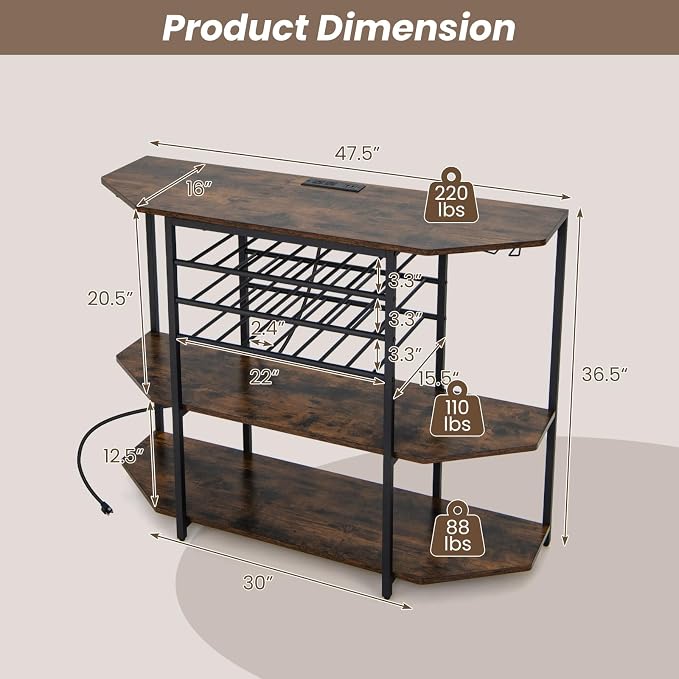 COSTWAY Wine Bar Cabinet, 3-Tier Liquor Cabinet - Image 3